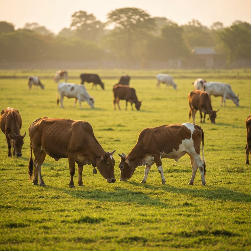 A2 milk farm with healthy desi cows grazing in green pasture